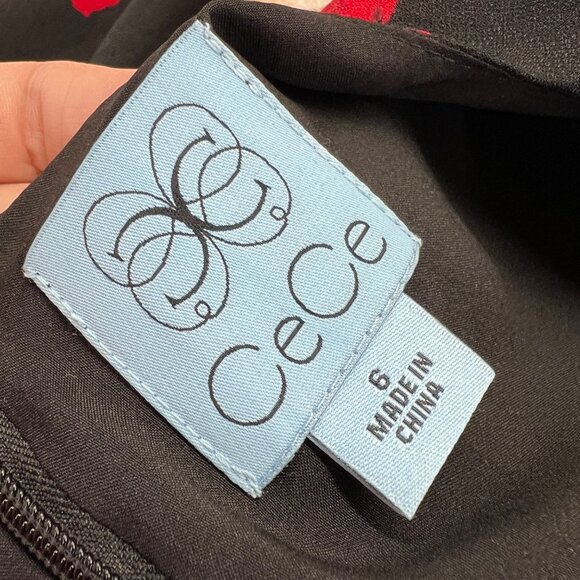 CeCe Floral Long Sleeve Shift Dress Bell Cuff Sleeve Black Red White Size 6 - Picture 9 of 11